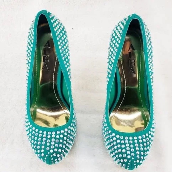 * Alba Georgous Sea Green 6" Rhineston High Heel Platform Pumps - Picture 4 of 5